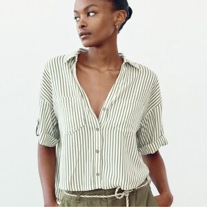 Zara White and Green Short Sleeve Button Down Top